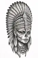 aztec warrior girl skeletal face with an Aztec-inspired headdress, blending death and warrior symbolism feathers tattoo design idea