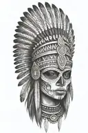 aztec warrior girl skeletal face with an Aztec-inspired headdress, blending death and warrior symbolism feathers tattoo design idea