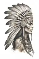 realistic skeletal elements,Mesoamerican-inspired headdress,  themes of death, spirituality, and warrior aztec girl tattoo design idea