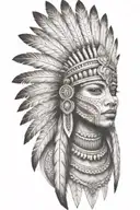 aztec warrior girl,skeletal,fearce face, triangular elements resembling feathers or stone spikes, fanned out on crown tattoo design idea