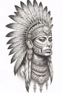 aztec warrior girl,skeletal,fearce face, triangular elements resembling feathers or stone spikes, fanned out on crown tattoo design idea