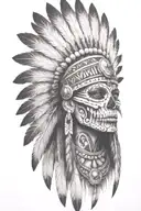 aztec warrior girl, skeletal fierce face, crown skull, geometric patterns feathers, spirituality, afterlife, death tattoo design idea