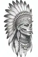 aztec warrior girl, skeletal fierce face, crown skull, geometric patterns feathers, spirituality, afterlife, death tattoo design idea