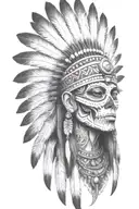 aztec warrior girl, skeletal fierce face, crown skull, geometric patterns feathers, spirituality, afterlife, death tattoo design idea