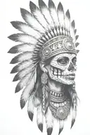 aztec warrior girl, skeletal fierce face, crown skull, geometric patterns feathers, spirituality, afterlife, death tattoo design idea