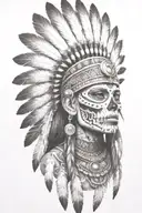 aztec warrior girl, skeletal fierce face, crown skull, geometric patterns feathers, spirituality, afterlife, death tattoo design idea