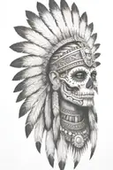 aztec warrior girl, skeletal fierce face, crown skull, geometric patterns feathers, spirituality, afterlife, death tattoo design idea