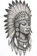aztec warrior girl, skeletal fierce face, crown intricate geometric patterns feathers , spirituality, afterlife, death tattoo design idea