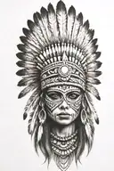 aztec warrior girl skeletal face with an Aztec-inspired headdress, blending death and warrior symbolism feathers tattoo design idea