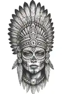 aztec warrior girl skeletal face with an Aztec-inspired headdress, blending death and warrior symbolism feathers tattoo design idea