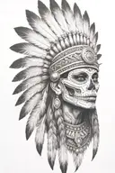 aztec warrior girl, skeletal fierce face, crown skull, geometric patterns feathers, spirituality, afterlife, death tattoo design idea