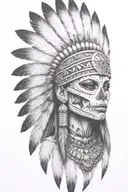aztec warrior girl, skeletal fierce face, crown skull, geometric patterns feathers, spirituality, afterlife, death tattoo design idea