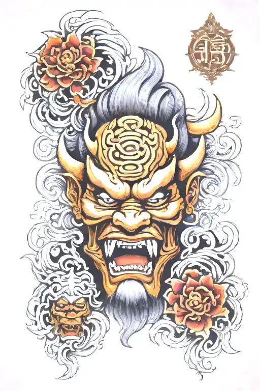 foerst in the bottom progressing in a mist oni mask on top   tattoo design idea