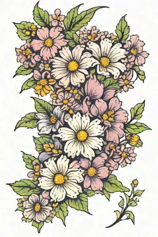 daises, marigolds, paperwhites, violets tattoo design idea