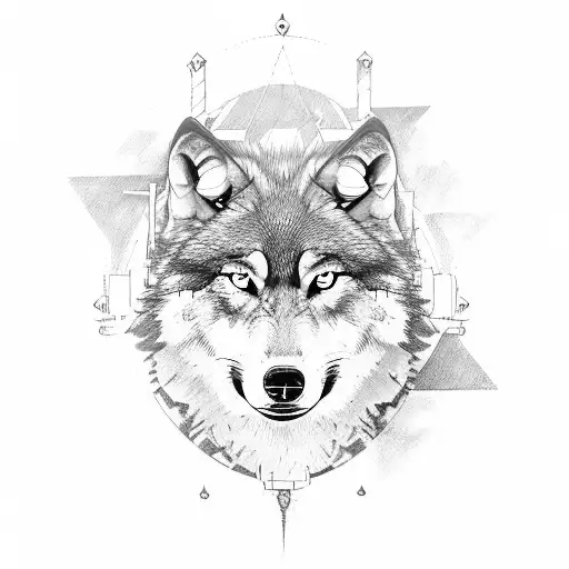 Wolf in battle field with film related artifacts or objects instead of swords and weapons from a battlefield tattoo design idea