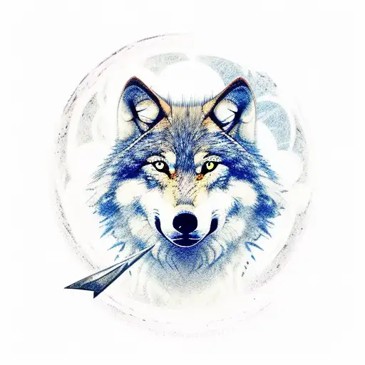 Wolf in battle field with film related artifacts or objects instead of swords and weapons from a battlefield tattoo design idea