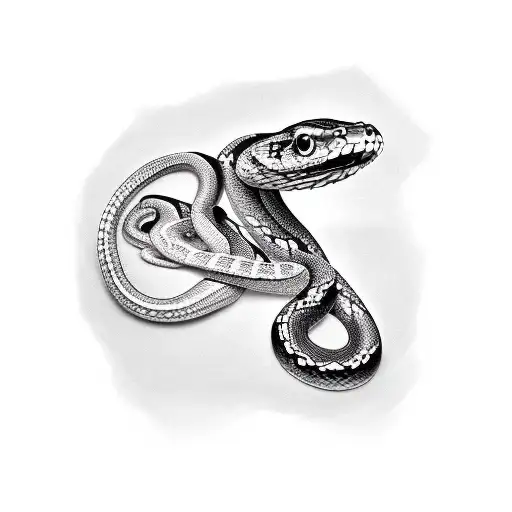 snake around the bone, black and white with reddish tones, in 3d tattoo design idea