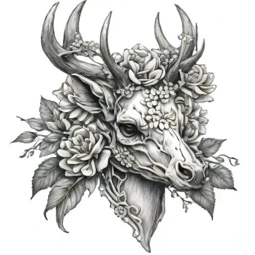 Deer skull front view with flowers wrapping around the deer's antlers, realistic, HD, black and gray tattoo design idea
