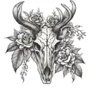 Deer skull front view with flowers wrapping around the deer's antlers, realistic, HD, black and gray tattoo design idea