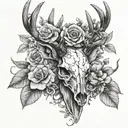 Deer skull front view with flowers wrapping around the deer's antlers, realistic, HD, black and gray tattoo design idea