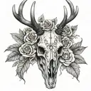 Deer skull front view with flowers wrapping around the deer's antlers, realistic, HD, black and gray tattoo design idea