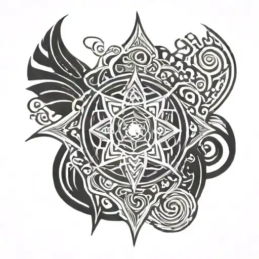 An abstract design incorporating symbols of Ikigai, mindfulness, openness, reliability, and love  tattoo design idea