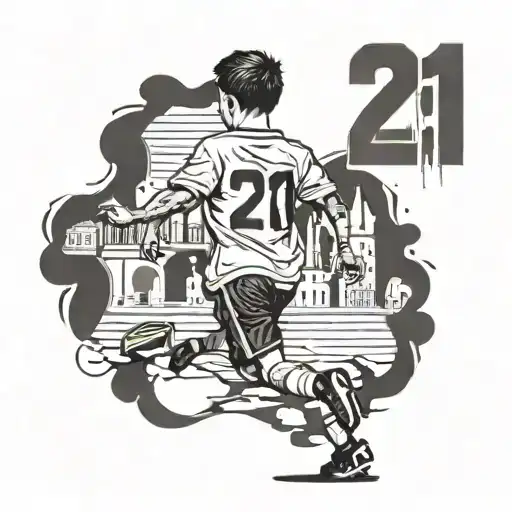 a little boy with jersey number 21 runs through Naples and has only one dream: to become a professional footballer and play in the Naples stadium tattoo design idea