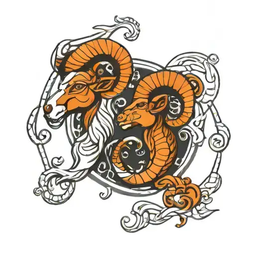 Aries zodiac sign combined wit scorpio zodiac sign in wiking tatoo style and black and white tattoo design idea