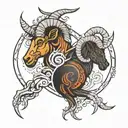 Aries zodiac sign combined wit scorpio zodiac sign in wiking tatoo style and black and white tattoo design idea