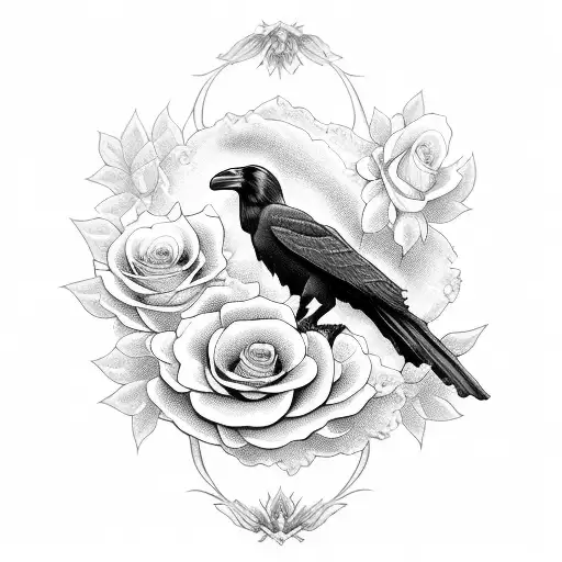 A majestic crow perched on a blooming rose bush tattoo design idea