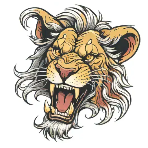 Roaring male lion with blood on his canines teeth tattoo design idea