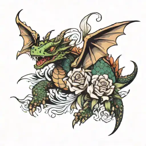 dragon with flowers in the sea turtle tattoo design idea