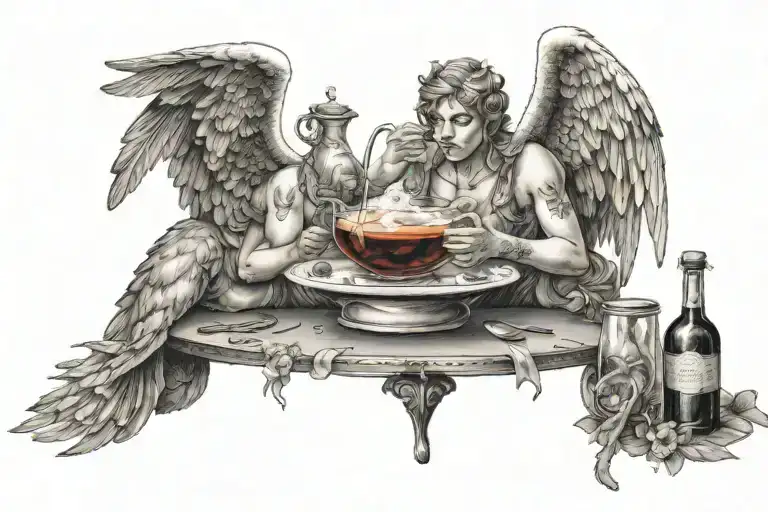 Cupid brewing love potions in a Cupid cafe on a half moon tattoo design idea