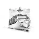 A massive container ship navigating through a bustling port tattoo design idea