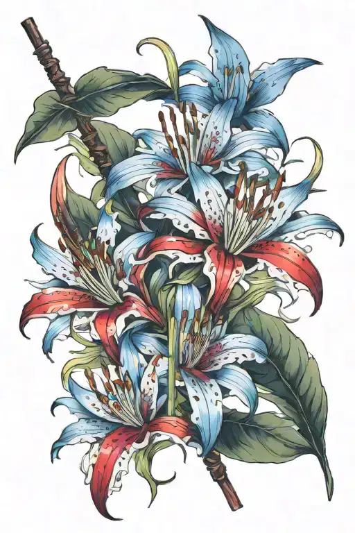 katana red blue spider lily intertwined tattoo design idea