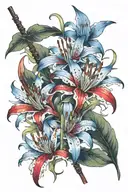 katana red blue spider lily intertwined tattoo design idea