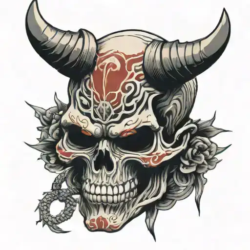 skull wearing oni mask tattoo design idea