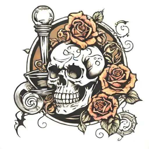 skull rose money and broken hourglass tattoo design idea