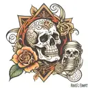 skull rose money and broken hourglass tattoo design idea