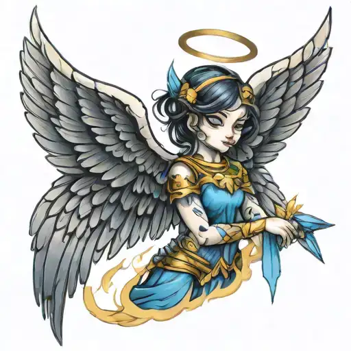 small black angel warrior girl tattoo with soft wings, with blue and gold accents to add color tattoo design idea