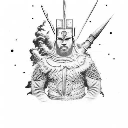 Nordic Warrior God in desert , looking up in the sky with with blue light from heaven down in beam on him like blue fire tattoo design idea