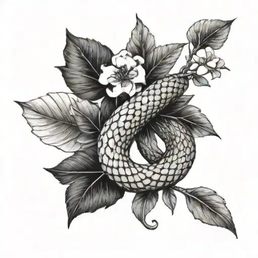 A snake wrapped around a laurel leaf branch with flowers tattoo design idea