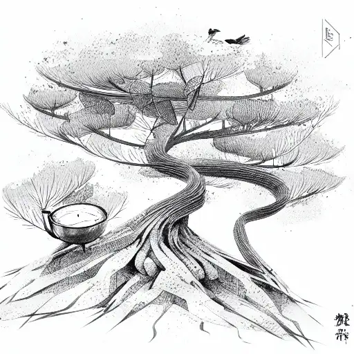 Tree, forest, bird, noodles, tea, plant tattoo design idea