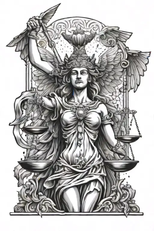 lady justice with ruined wings tattoo design idea