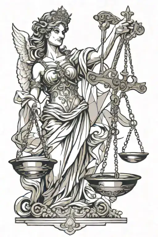 lady justice with one ruined wing holding scales of justice  tattoo design idea