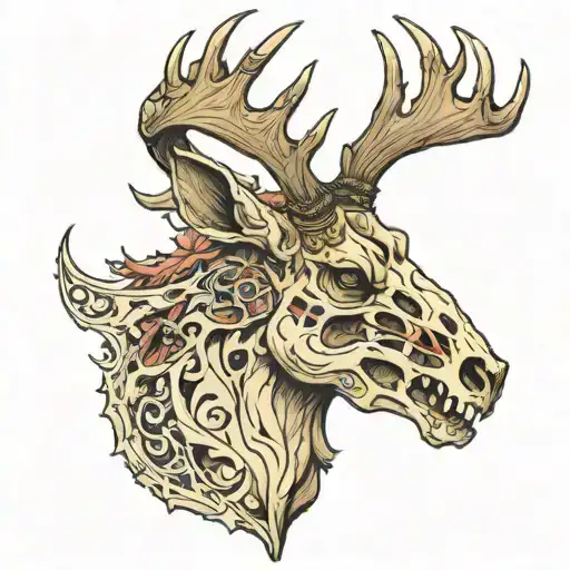 deer and elk skull with antlers tattoo design idea