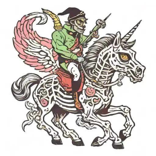 zombie cat riding unicorn skeleton tattoo design idea