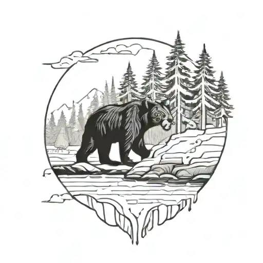 Eine Wald- und Gebirgslandschaft mit einem Fluss. Ein Bär steht am Fluss und fängt einen Fisch. tattoo design idea