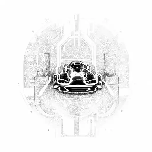 A futuristic cybernetic car racing through a neon-lit cityscape tattoo design idea