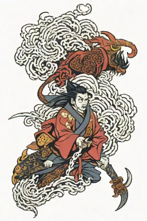 modern day raijin and fuijin with background looking through lens tattoo design idea